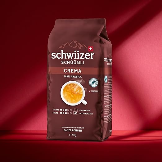 Schwiizer Schüümli Crema, 100 Prozent Arabica Kaffeebohnen, aromatisch-intensiv, für Vollautomaten, Stärke 3/5, mittlere Röstung, Rainforest Alliance-zertifiziert, 1kg