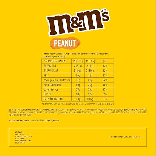 M&M's Peanut, Schokoladen Großpackung, 24 x 45g, Erdnussgeschmack Schokolinsen, Schokoladen Geschenk (1080g) – Bild 4