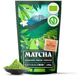 NaturaleBio Matcha Tee Pulver Bio - Premium-Qualität - 100g. Original Green Tea aus Japan. Japanischer ideal zum Trinken. Grüntee für Latte, Smoothies Getränk. Hergestellt in Uji, Kyoto.