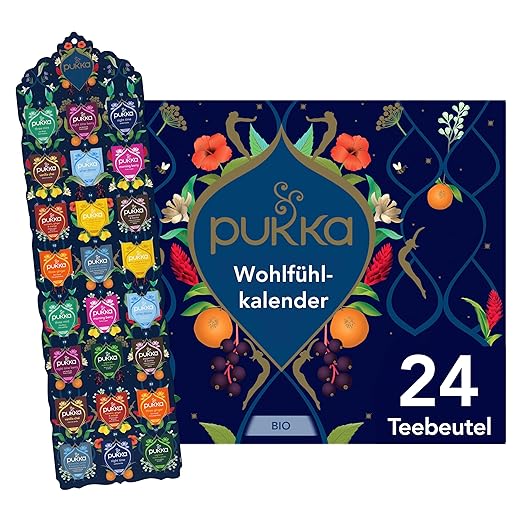 Pukka Bio Tee Geschenkset, Adventskalender, "Wohlfühlkalender 2025", Umweltfreundlich, Keine Schokolade, Milchfrei, Geschenkidee, 12 Tee Varianten, 24 Teebeutel