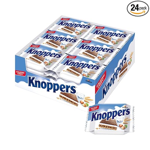 Knoppers – 24 x 25 g – Gefüllte Waffelschnitten mit Milch- und Nougatcreme, Haselnüssen und Kakao