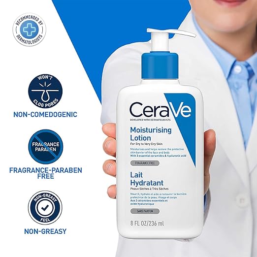 CeraVe Körperlotion mit Pumpspender, Für trockene bis sehr trockene Haut, Feuchtigkeitscreme Hyaluron und 3 essenziellen Ceramiden, Geeignet bei Neurodermitis, 236 ml – Bild 6